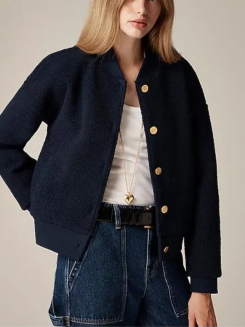 J Crew Bouclé flight jacket Navy Fleece Bomber Jacket - Classic Button Front